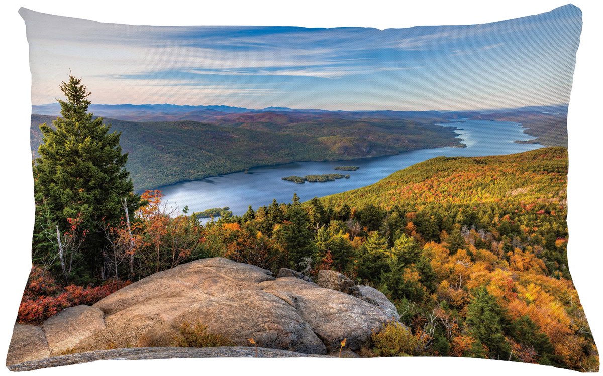 ABAKUHAUS Adirondack Sierkussenhoes, Tranquil Landschap van Meer George en Tongue Berg Over de Berg Top, Decoratieve Rechthoekige Sierkussenhoes, 65 x 40 cm, Blauw Oranje