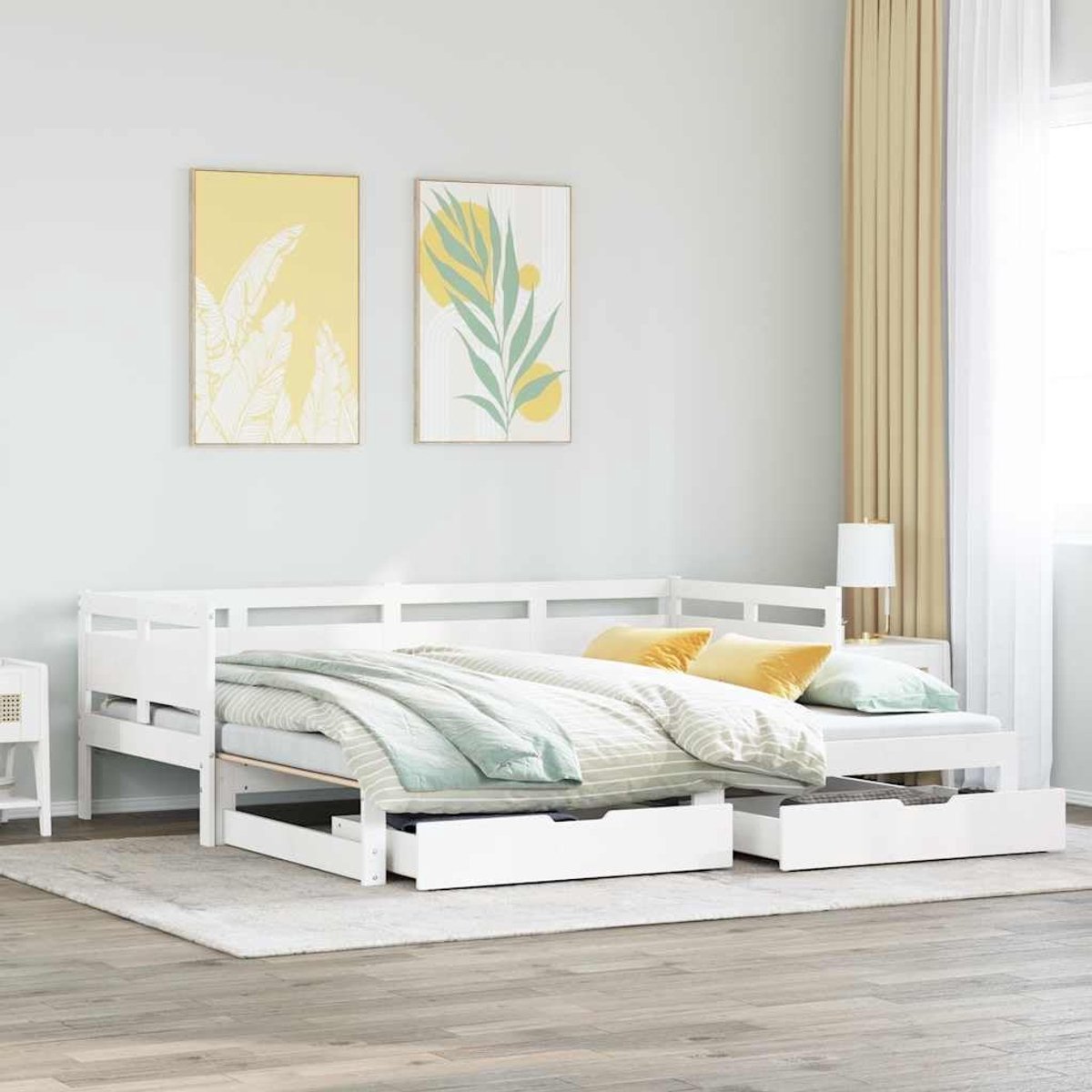 Grenenhouten 2 in 1 slaapbank met uitschuifbed wit 80x200 cm