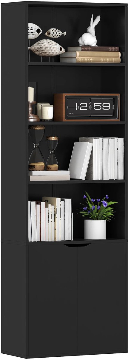 Prime Home Boekenkast - Opbergkast - Bibliothekenkast - 6 planken - 4 open vakken - 2 deuren - Woonkamer en bureau - 180 x 59 x 29cm - Zwart