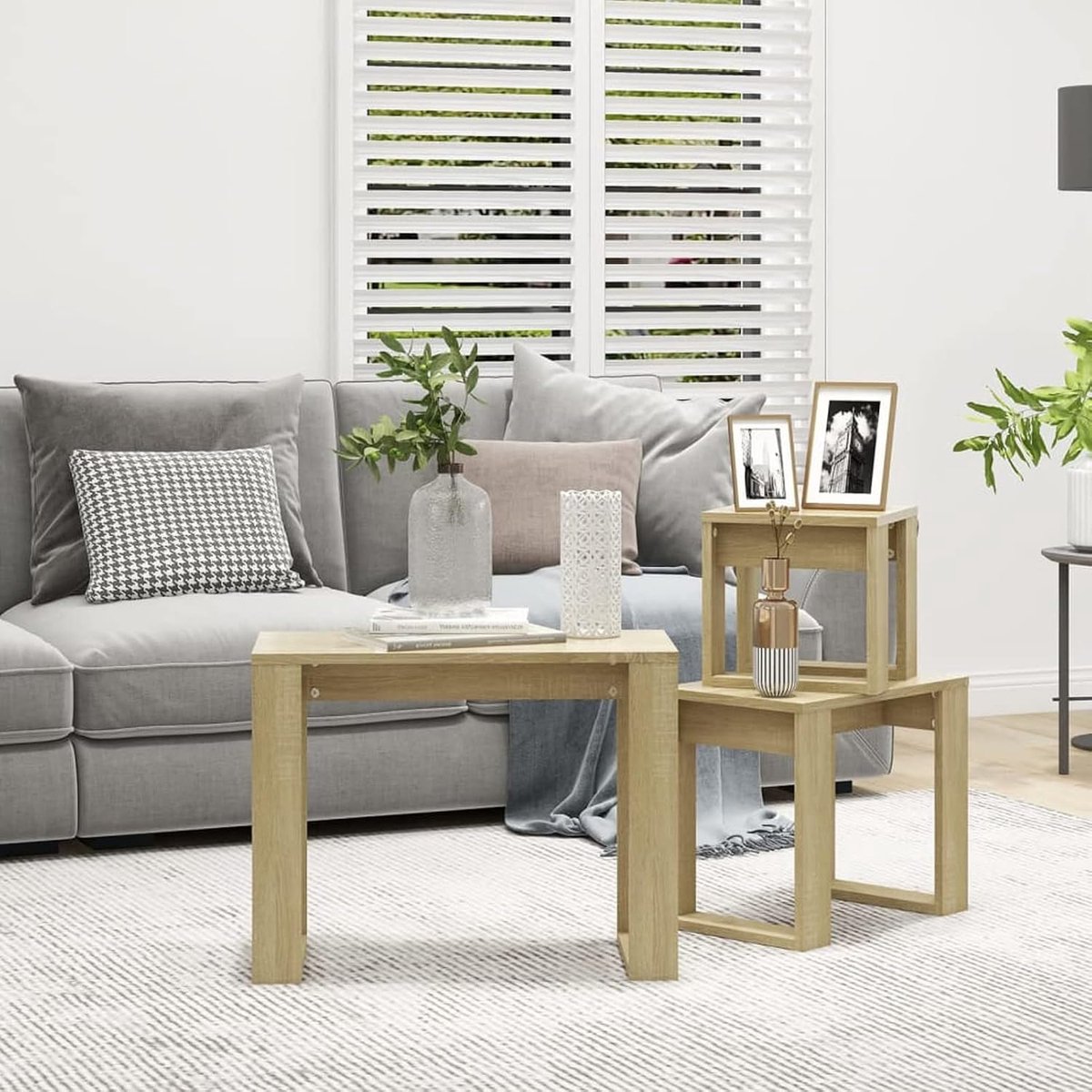 Stapelbaar, 3 stuks, set met 3 koffietafels, koffietafels, lage tafels voor woonkamer, eiken sonoma van spaanplaat