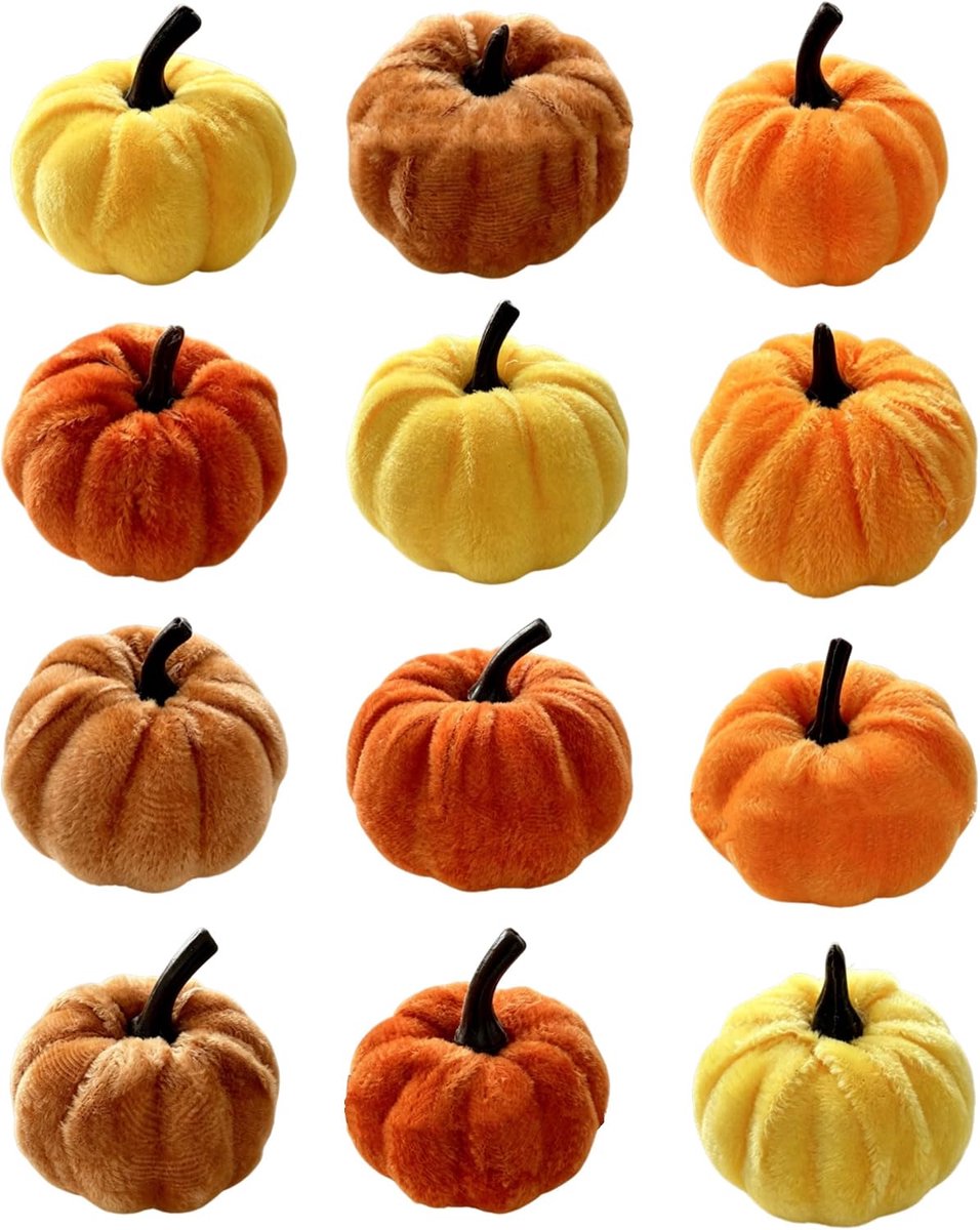 Pompoenen van fluweel, 12 stuks, van zachte stof, Halloween-pompoenen, gemengde kleuren, voor tafel en thuis, decoratie voor Halloween en Thanksgiving