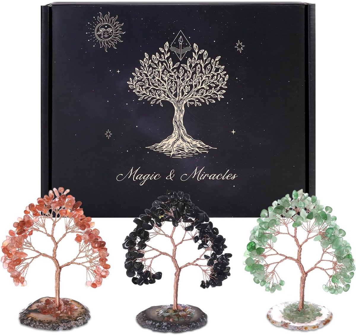 Kristallevensboom-set met natuurlijke ruwe stenen basis, set van 3 edelsteenbomen van carneool, groene aventurijn, obsidiaan, feng shui, decoratie voor regeneratie, innerlijke