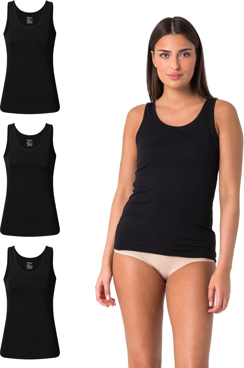 Tanktop voor dames, verpakking van 3 stuks, van 95% katoen met stretch in wit en zwart