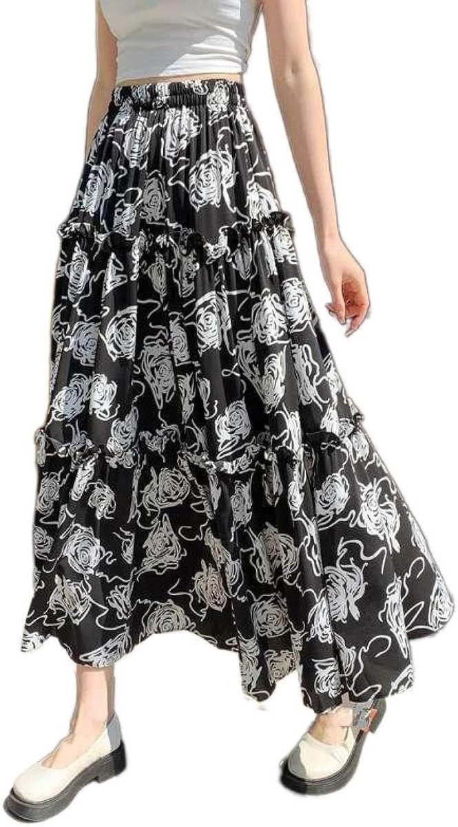 Geplooide Halflange Rok Met Hoge Taille - Zomer Franse Retro Mozaïek Chiffon Print Plooirok Met Houten Oren, Modieuze Huidvriendelijke Zachte A-Lijn Rok, Zwart, One Size
