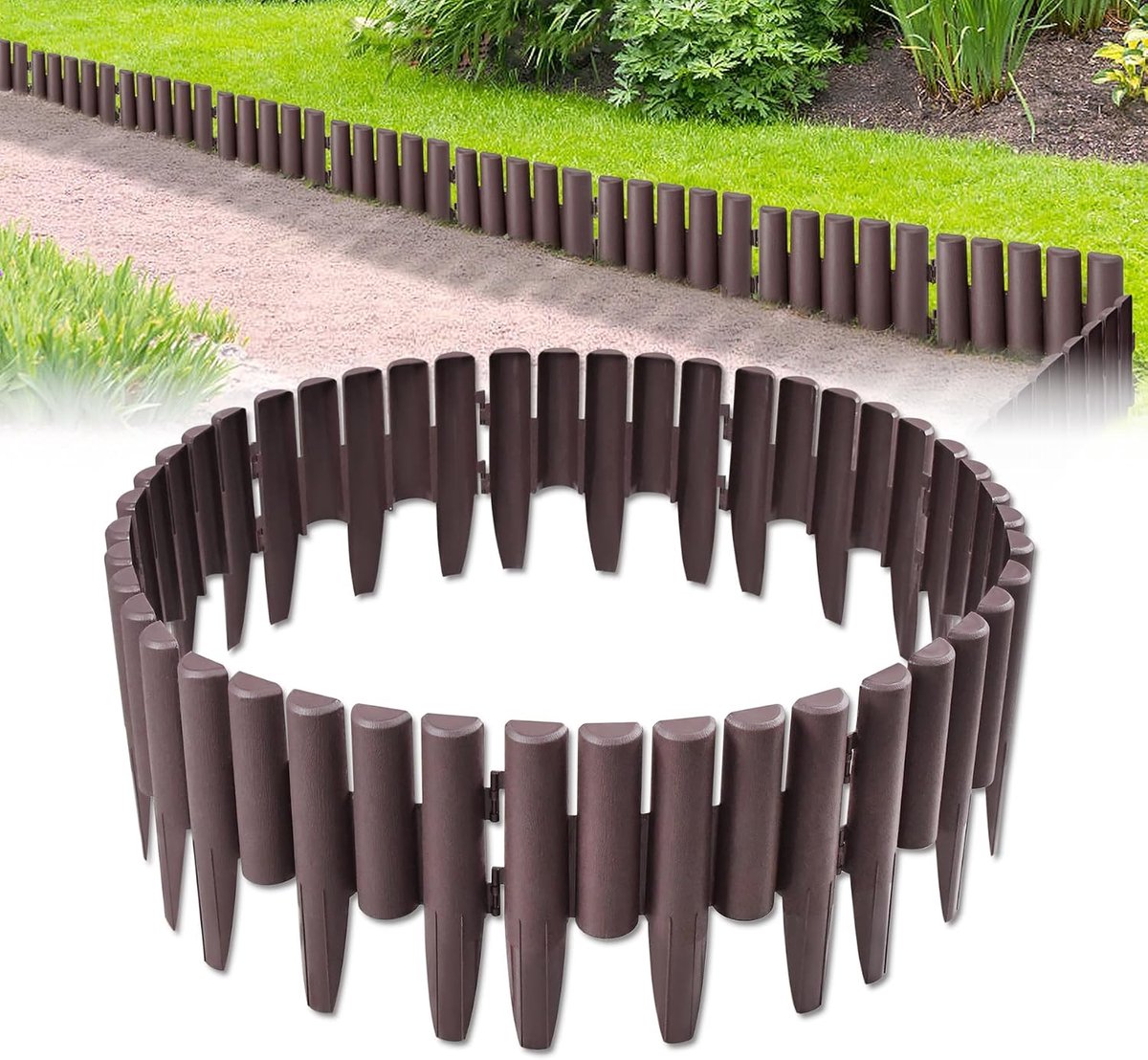 Gazonrand Plastic Perkrand 28x24cm Kunststof Tuinrand Maairand Randsteen Flexibele Gazonafscheiding Houtlook Hekje Decoratieve Tuinschermen voor Bloemperken en Paden (2,8m=10 Stuks, Bruin)
