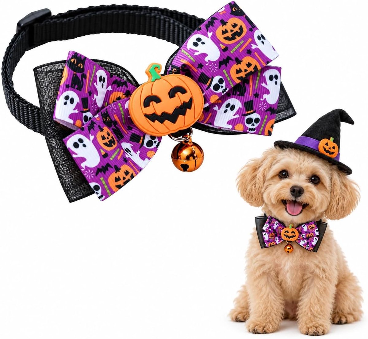 Halloween-halsband voor huisdieren met strik, kattenhalsband met pompoen, geest en bel, verstelbaar 19-32 cm, Halloween-accessoires voor katten en kleine honden, kostuumfeestjes