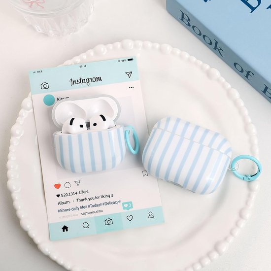 Compatibel met AirPods 2 hoes met reinigingsset, schattig gestreept patroon, esthetisch design, stootvaste en krasbestendige TPU-beschermhoes met sleutelhanger, voor vrouwen en meisjes, blauw — afbeelding 5