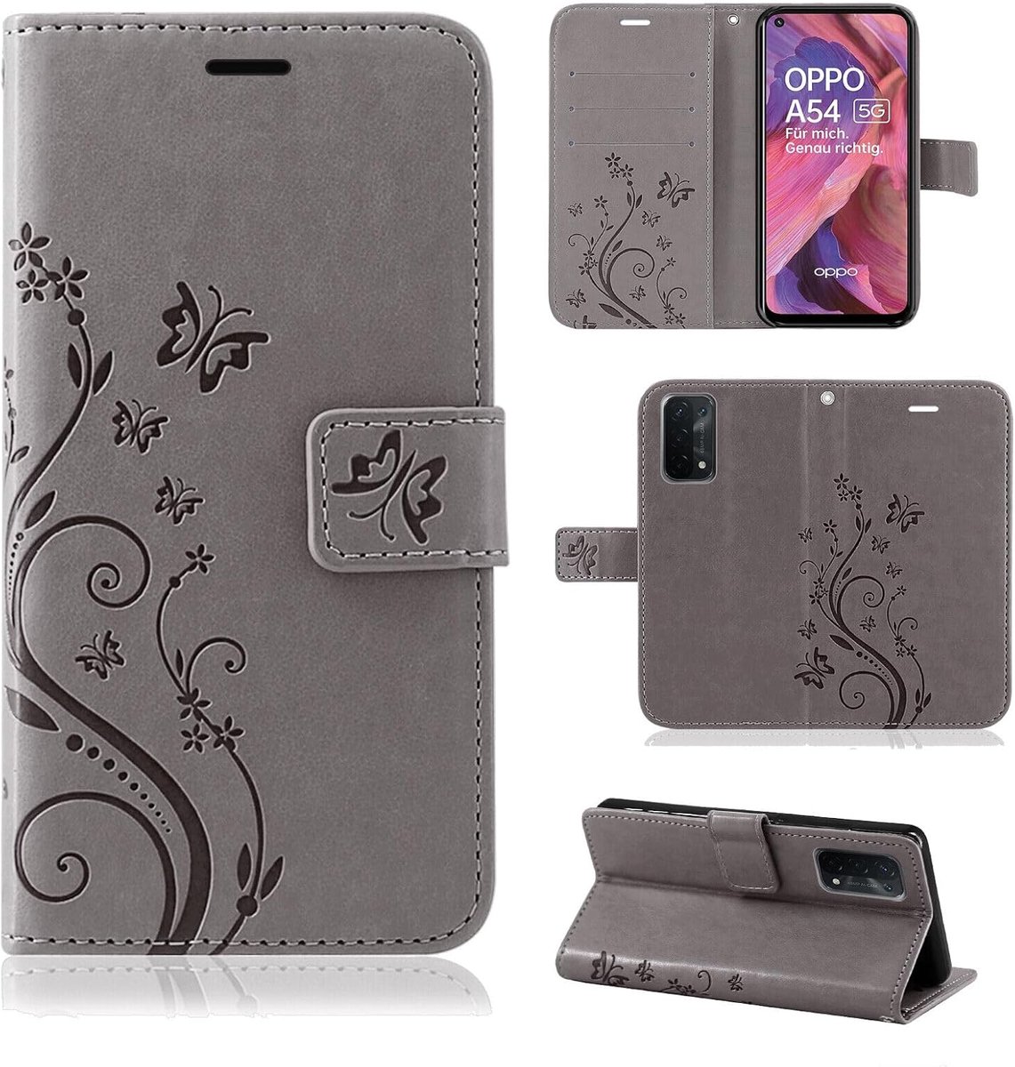 Betterfon Hoes voor Oppo A54 5G / A74 5G, hoes Oppo A74 5G / A54 5G klaphoes telefoonhoes met [standfunctie] [kaartenvakjes] compatibel met Oppo A54 5G / A74 5G, grijs
