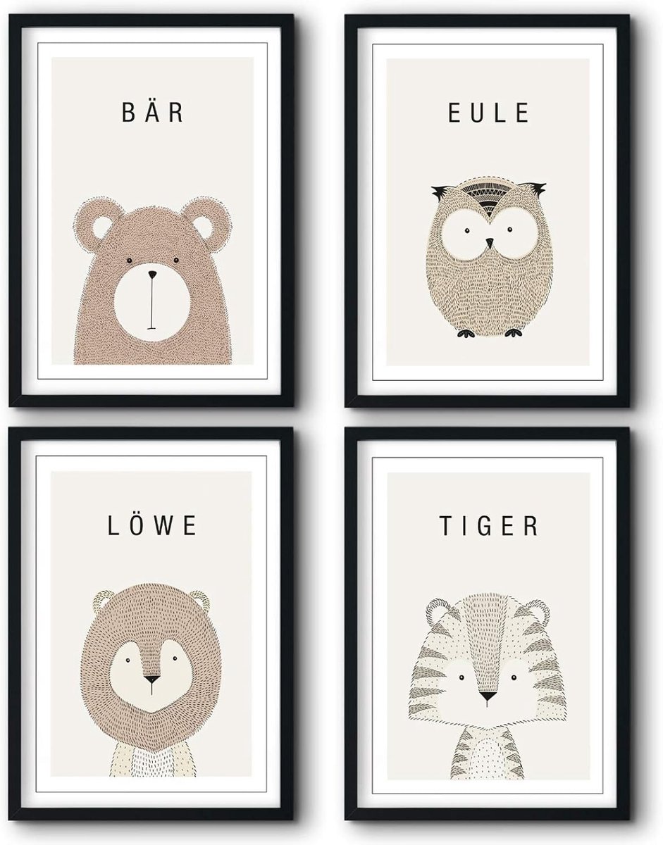Bilderreich Set van 4 posters voor de kinderkamer, decoratieve afbeeldingen, babykamer, jongen en meisje, kinderafbeelding voor aan de muur, zonder lijst, 4 x DIN A3, "Dieren"