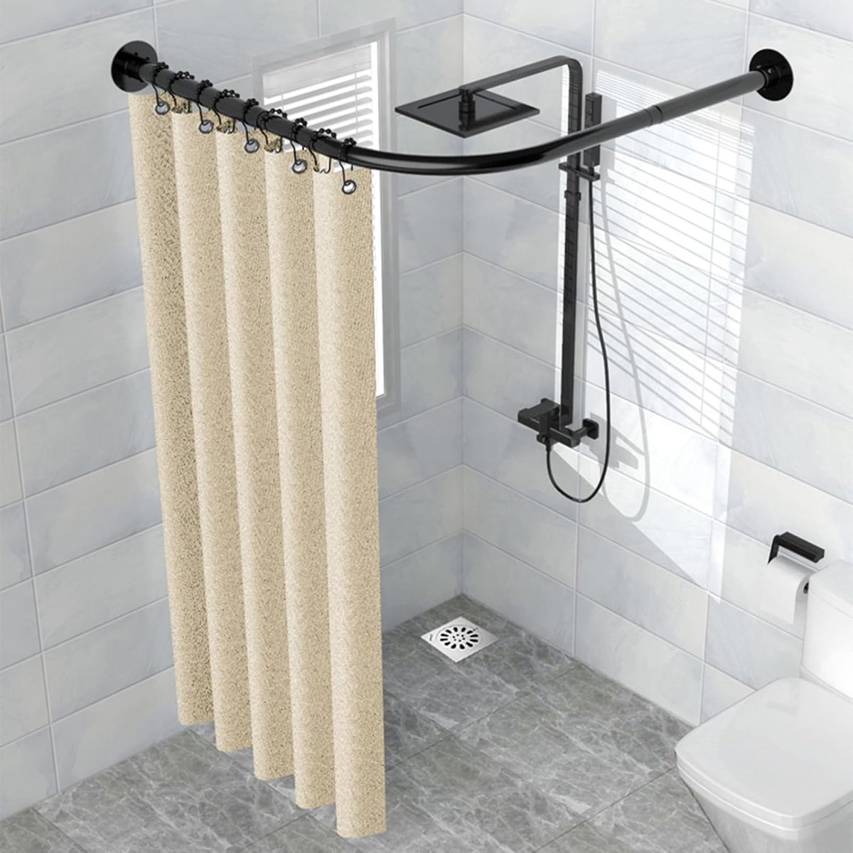 Roestvrij staal l-vormig, verstelbare roestvrije uitbreidbare gebogen douchestang, boren installeren of geen boren, voor badkamer, kledingwinkel, privé (maat: B 70-95 cm x 90-130