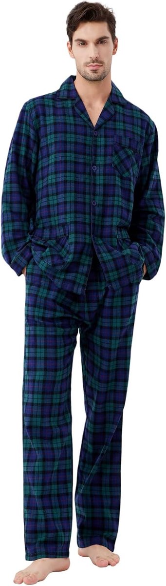 Pyjamaset voor heren van 100% katoenen flanel, geverfd garen, comfortabel, broek met zakken, tailleband met trekkoord, winterpyjama voor heren