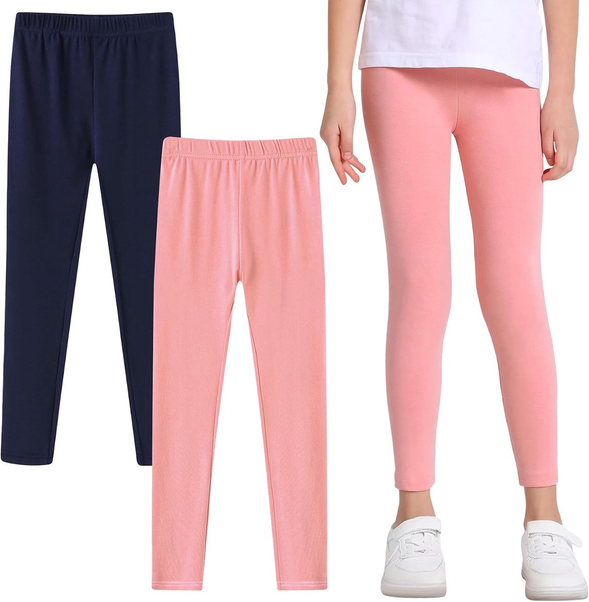 Leggings Meisjes 2 Set Katoenen Kids Elastische Ademende Sport Leggings Lange Broek Eenkleurige Sportbroek Kids Broek Activewear voor Schooldansen Voor 5-12 Jaar, 116-158