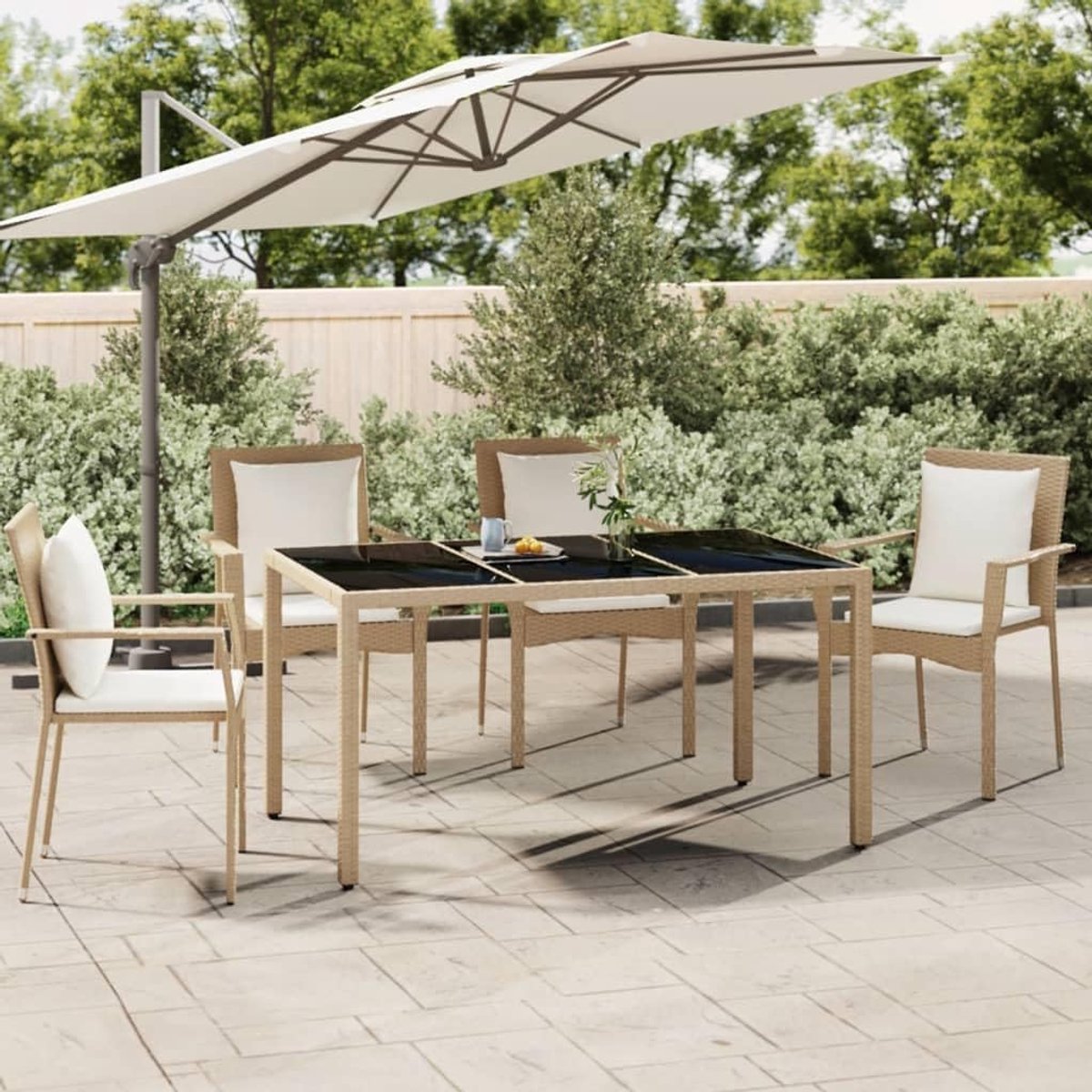 Balkontafel, tuintafel, terrastafel, tuintafel met glasplaat, beige, polyrotan en gehard glas, voor tuin, terras, balkon