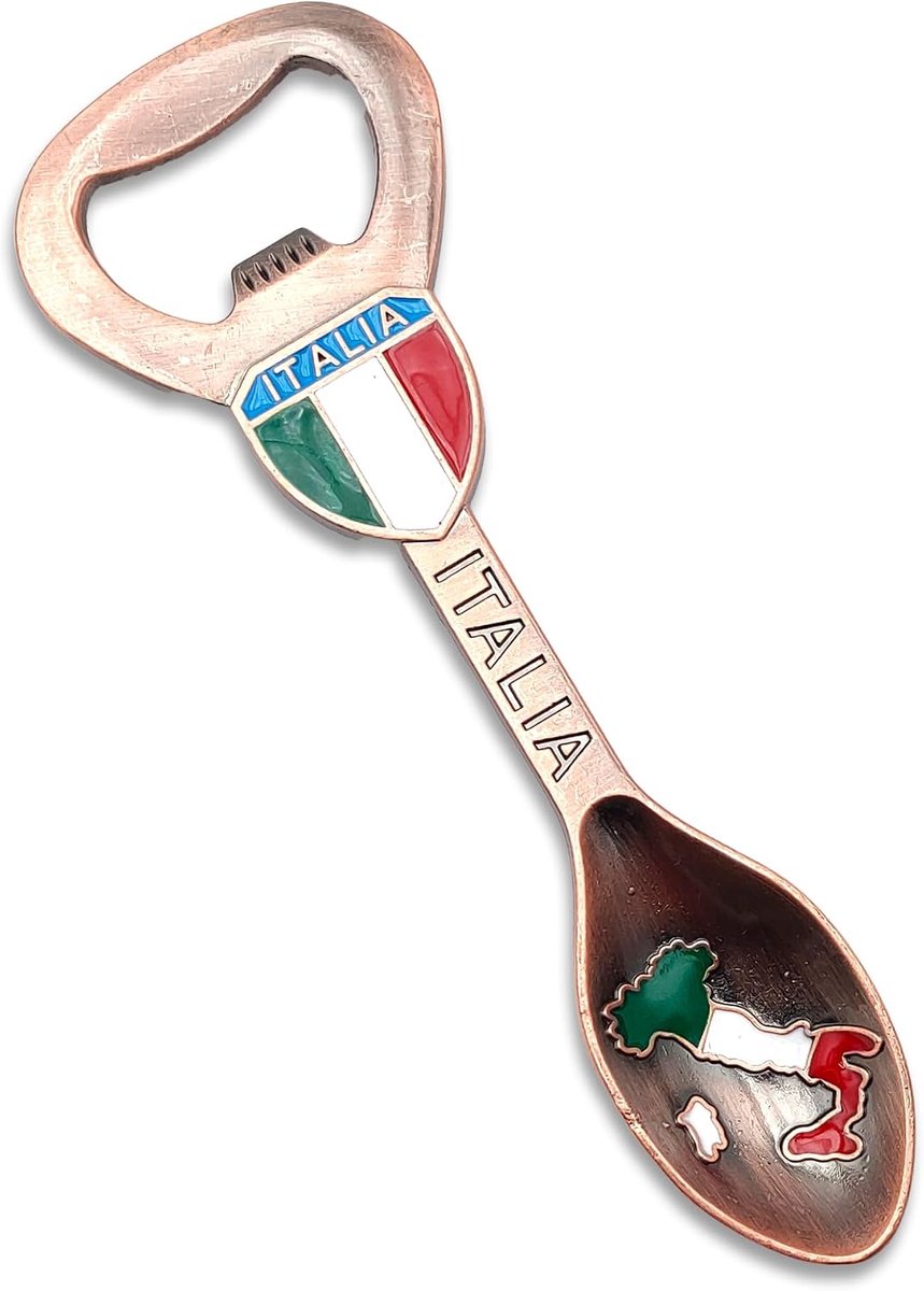 flesopener in lepelvorm, metalen kurkentrekker voor kroonkurken met Italiaans driekleurig design, vlag-belettering, laarzen, 12 cm, voor huis, bar en cadeau (Bronzo)