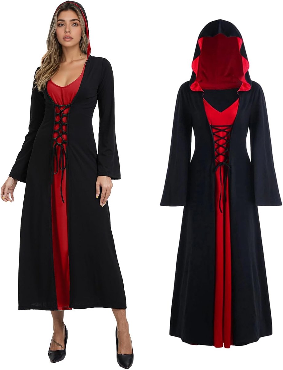 gothic capuchon, Halloween retro jurk, dames vampier heks Halloween carnaval retro lange mouwen jurk