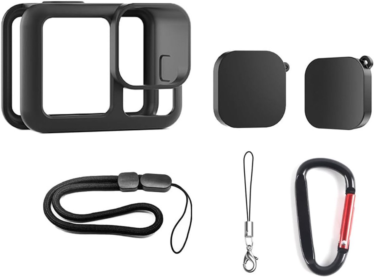 Camera Protection Kit, vloeibare siliconen frame, lensdoppen, gehard folie, verstelbaar sleutelkoord en opbergkoffer, zwart