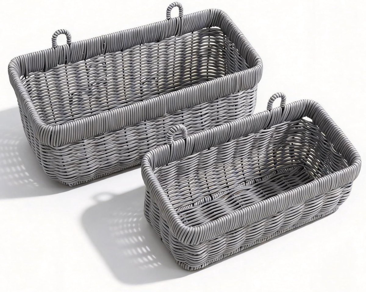 Hangende rieten mand voor keuken, badkamer, deur, veranda, tuin, garage, decoratie en organisatie, grijs