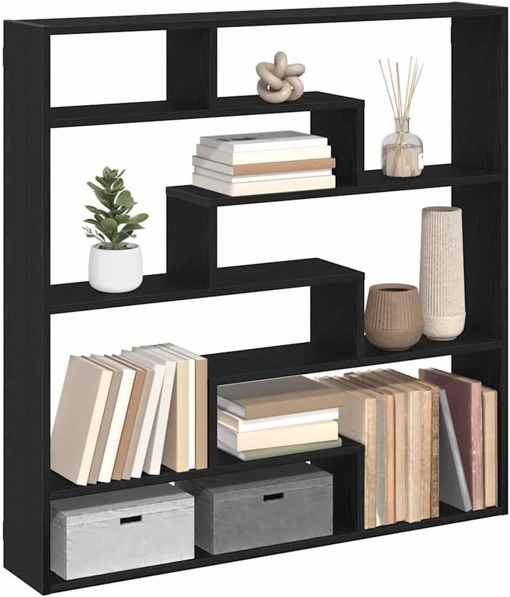 Wandrek met 7 vakken, zwart, houtmateriaal, hangrek, kubusrek voor woonkamer, slaapkamer, kantoor, wandplank, opbergruimte, 100 x 18 x 100 cm