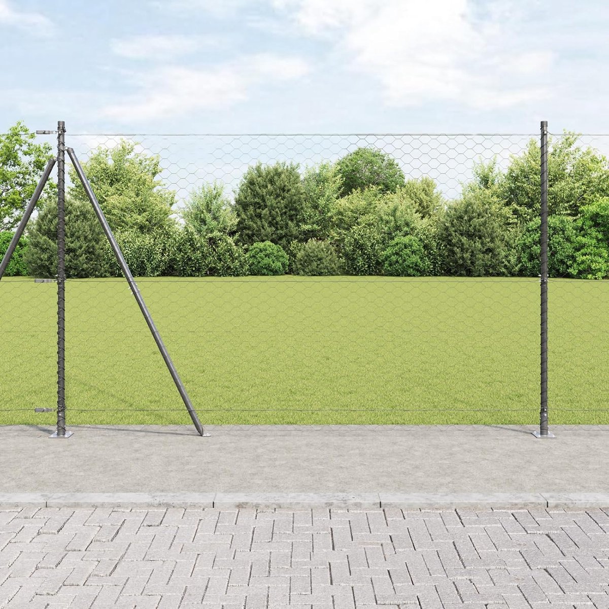 Zeshoekhek grijs 1,6 x 25 m staal, hekpalen met bodemplaten 13 stuks Ø 32 mm 88,5 cm verzinkt staal, tuinhekken draadomheining voor hekken, groentebedden, kippenren weideperceel, 3353676