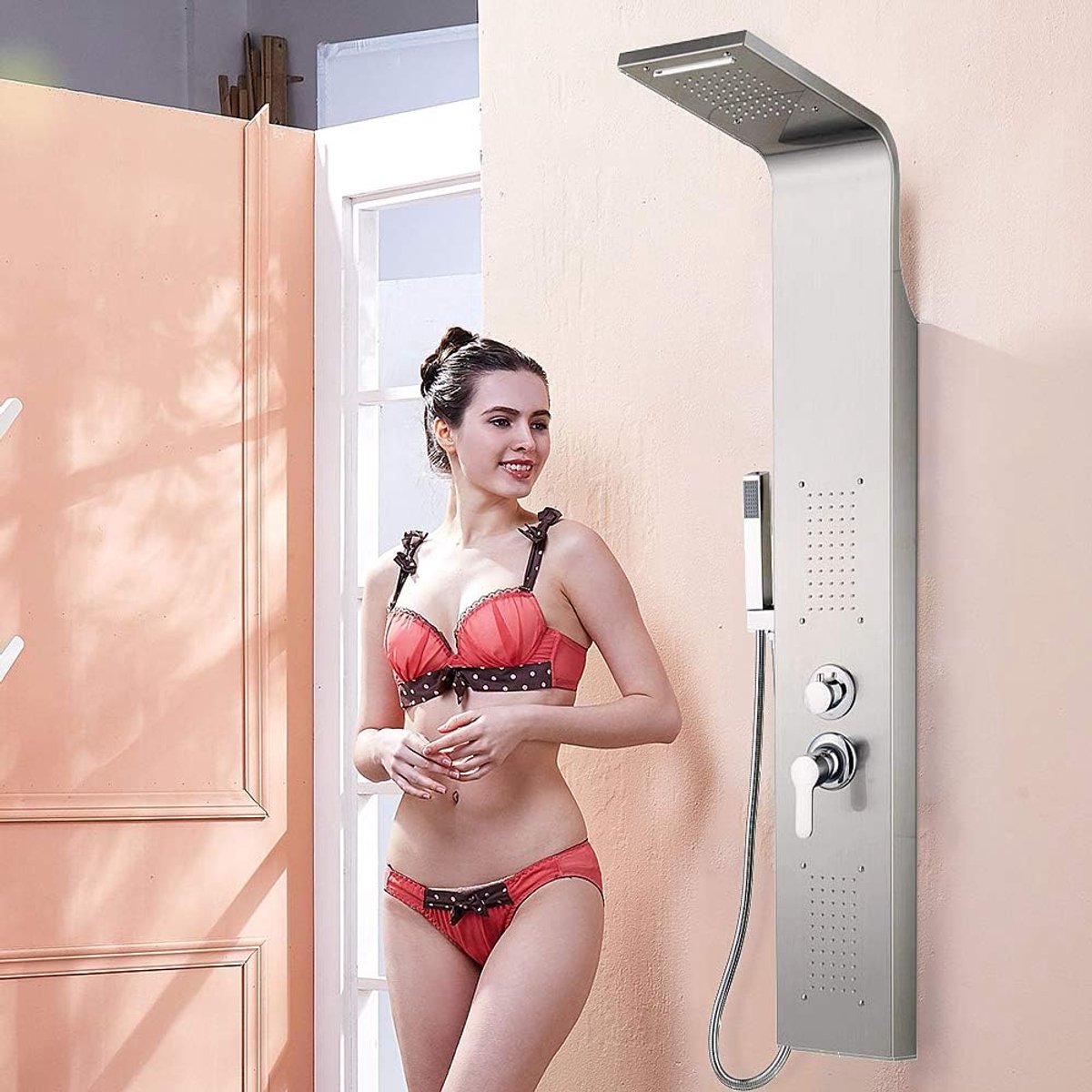 5-in-1, hydromassagekolom van aluminium, hydromassagekolom, watervaldouche van roestvrij staal, eendelige douchezuil, 7 x 20 x 140 cm (zwart)