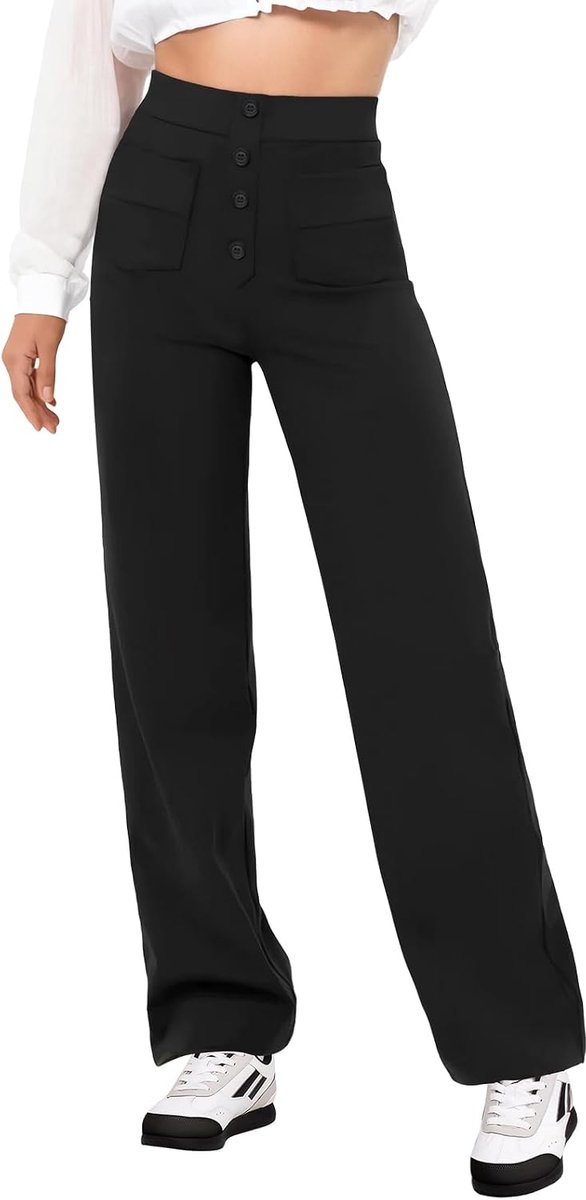 Damesbroek met hoge taille, elastisch, casual, rechte pijpen, broek met zakken