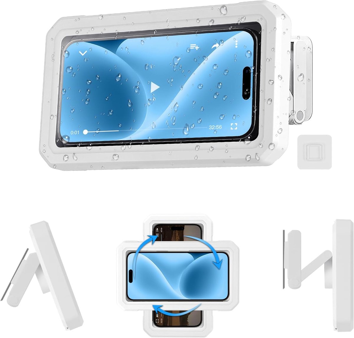 Douchehouder voor Smartphones, 480° Draaibaar, Condensvrije Telefoonhouder voor onder de Douche, met Zeer Gevoelig HD Touchscreen, Compatibel met Smartphones tot 7 inch – Wit