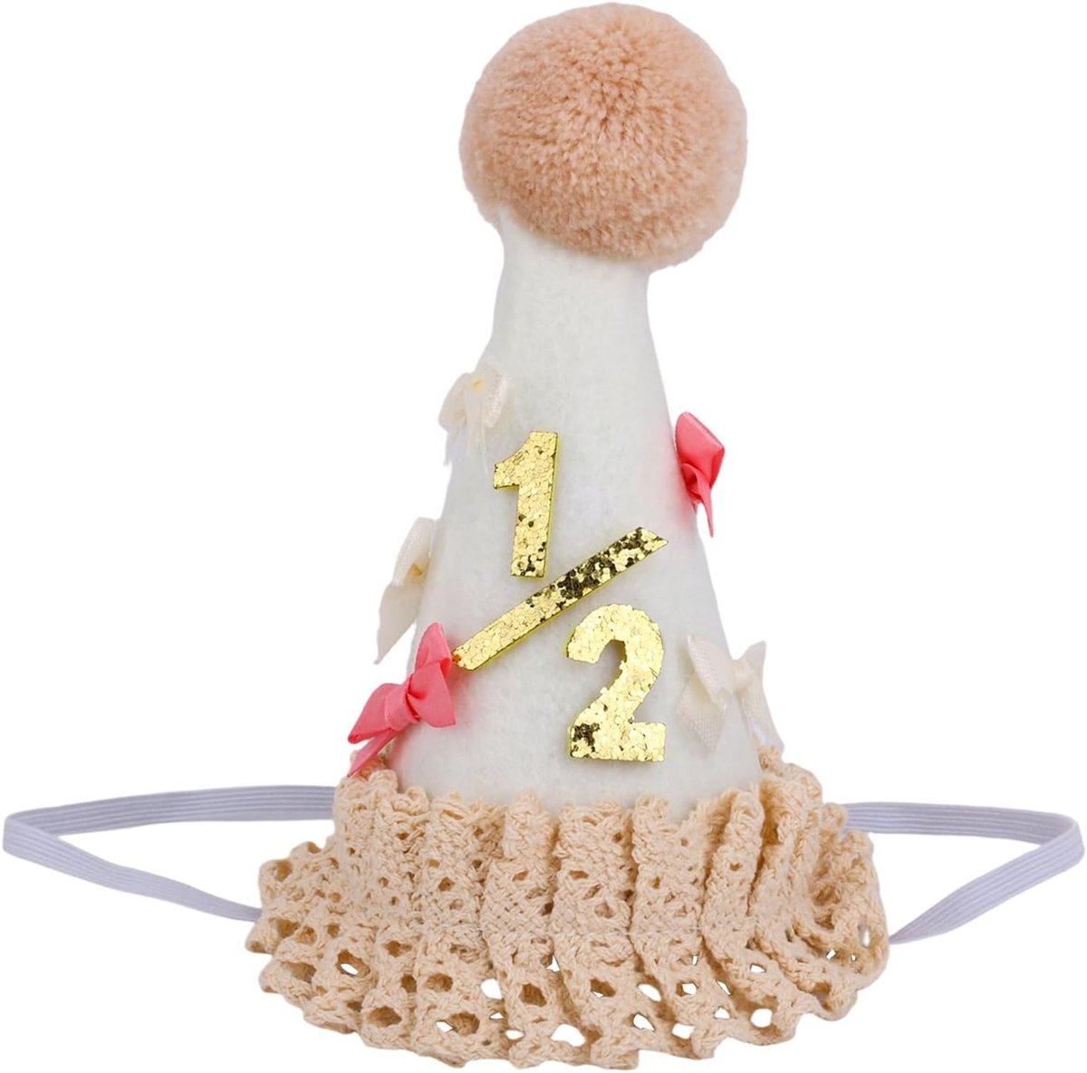 Halfjaar Verjaardagshoed, Boho 1/2 Verjaardagskegelhoed met Pompon & Kant Comfortabel Halfweg-naar-Één Feesthoed voor 6 Maanden Oude Baby Meisjes Jongens Decoraties Cake Smash