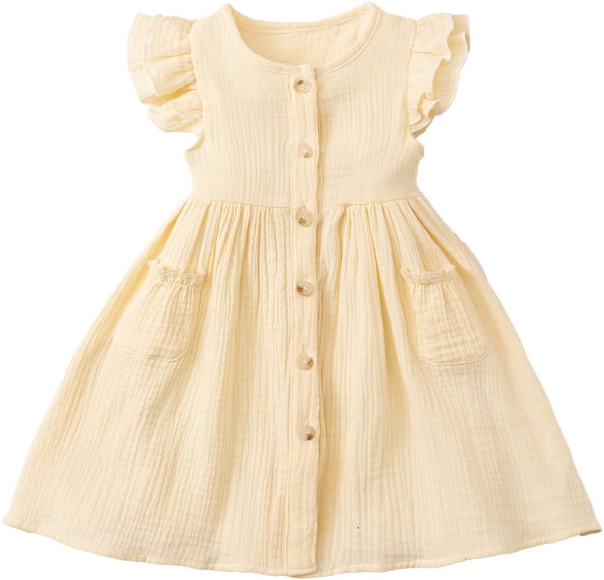 Zomerjurk voor kleine meisjes met ruches, ronde hals, knoopsluiting, casual, herfst, A-lijn, party, kinderjurk, 2-6 jaar