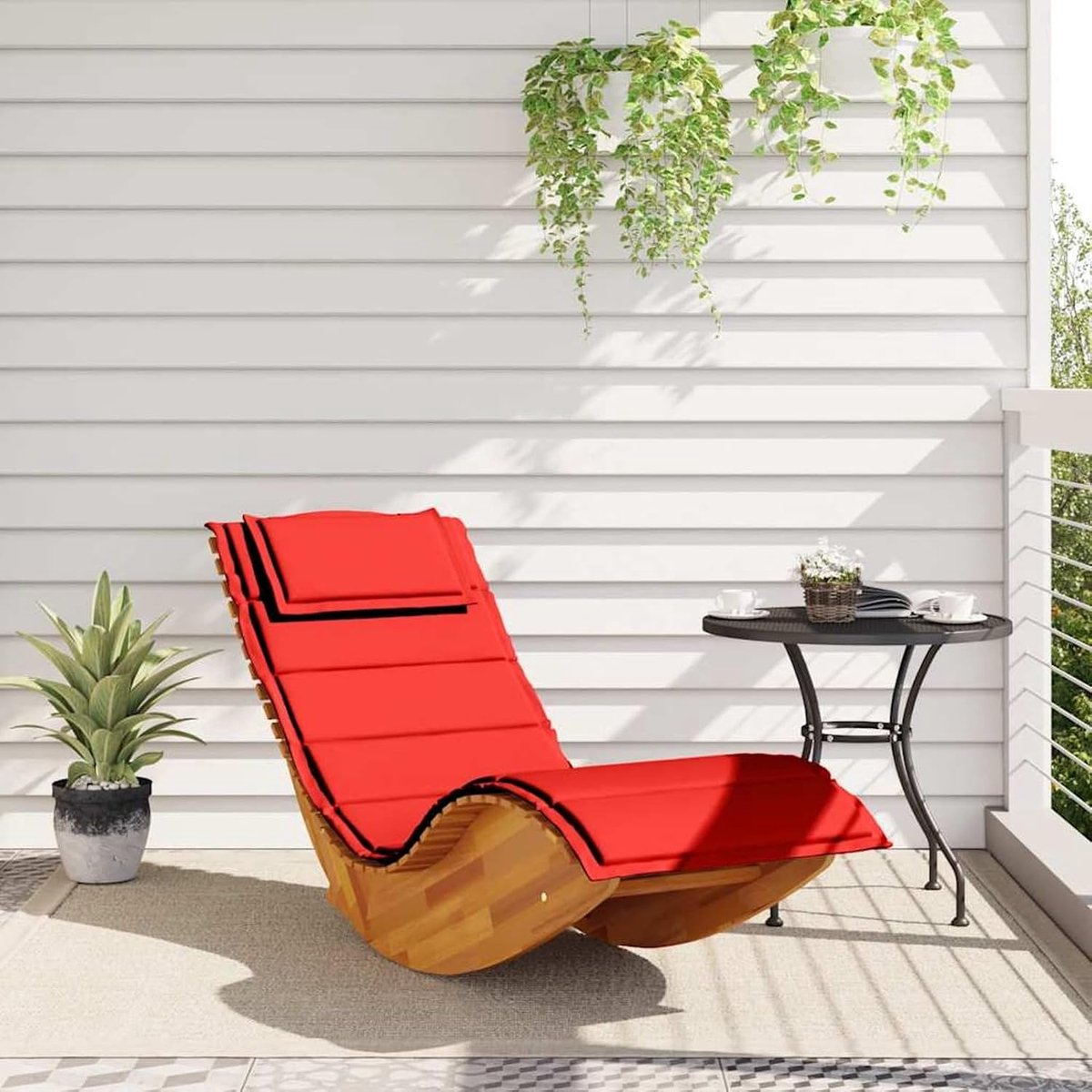 Schommelligstoel van massief acaciahout met ergonomisch ligvlak, rood polyester kussen en weerbescherming, 154 x 60 x 74 cm, 110 kg draagkracht, voor tuin, terras en zwembad