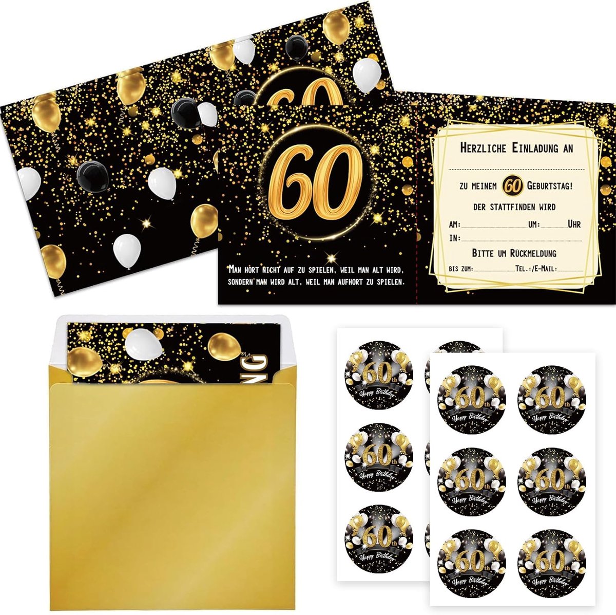 12 uitnodigingskaarten voor een 60e verjaardag (zwart en goud)