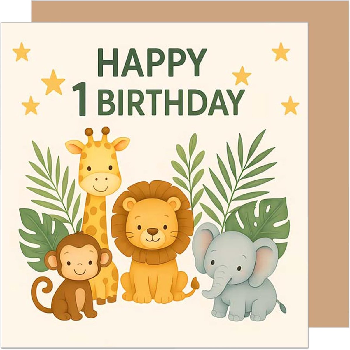 Seidel Premium vierkante wenskaart voor 1e verjaardag met envelop. Verjaardagskaart Kaart met Engelse tekst Happy Birthday Billet Kaart voor meisje jongen kind dieren (GQ527 SW025)