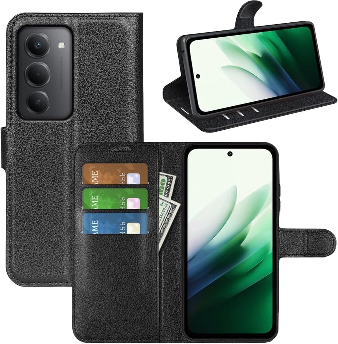 Hoes voor Xiaomi Redmi 15, leren klaphoes, dunne flip case, hoes met standfunctie, kaartenvak en magnetische gesp, siliconen bumper, beschermhoes, zwart