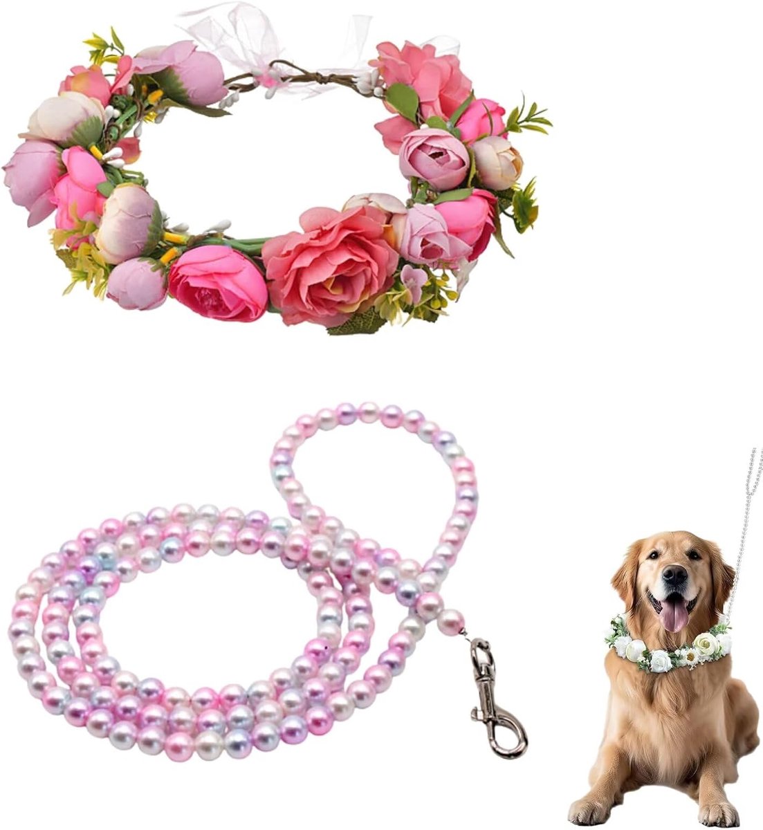 Bloemenhalsband voor Honden, Bruiloftshalsband en Kralenriem, Verstelbare Kroon, Bruiloftskleding, Bloemenhalsband voor Huisdieren Onder 12 kg
