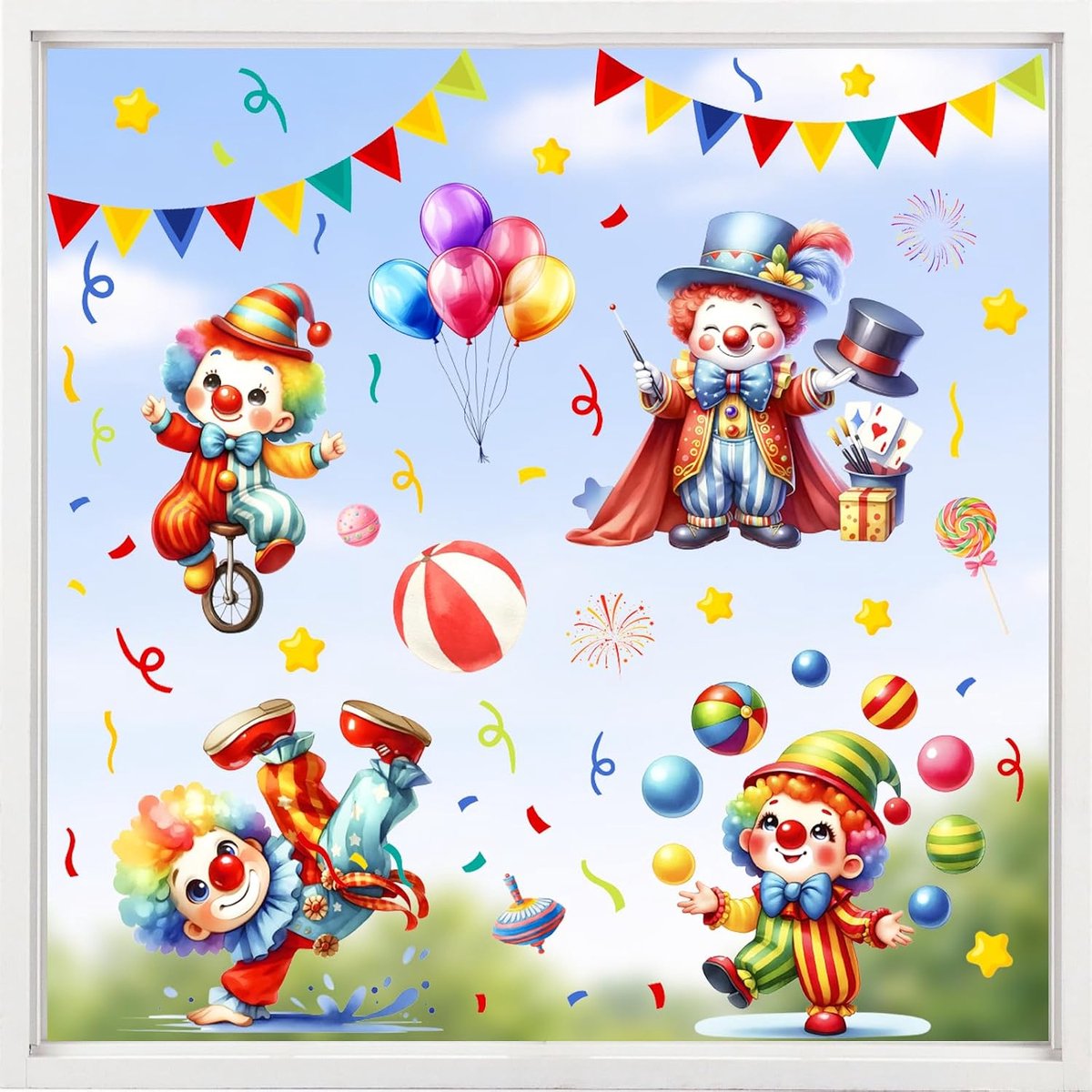 Vensterafbeeldingen voor carnaval, 4 vellen clowns, zelfklevend, clowndecoratie, raamdecoratie, carnavalsdecoratie