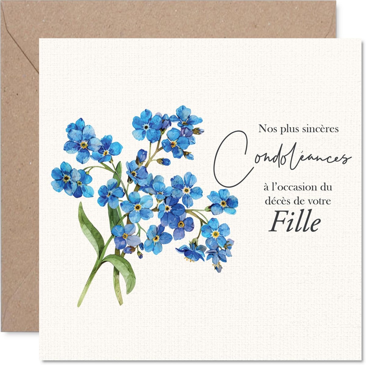 Carte de Condoléances pour la Perte de Fille - un Geste de Réconfort Sincère - Bouquet de Fleurs Bleues Délicates et Message Apaisant - 145 mm Carré, Enveloppe Incluse