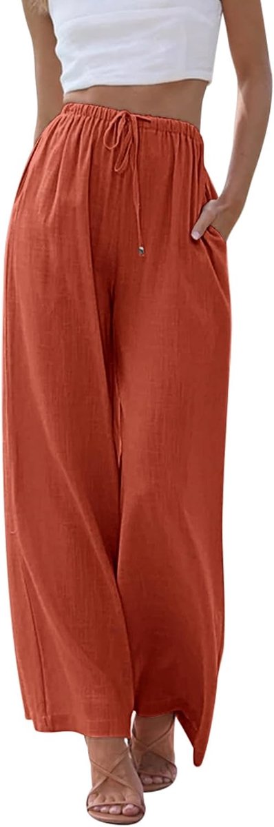 Linnen damesbroek, zomer, brede pijpen, strandbroek met elastische taillezakken, vloeiende palazzobroek, casual lichtgewicht loungebroek voor dames