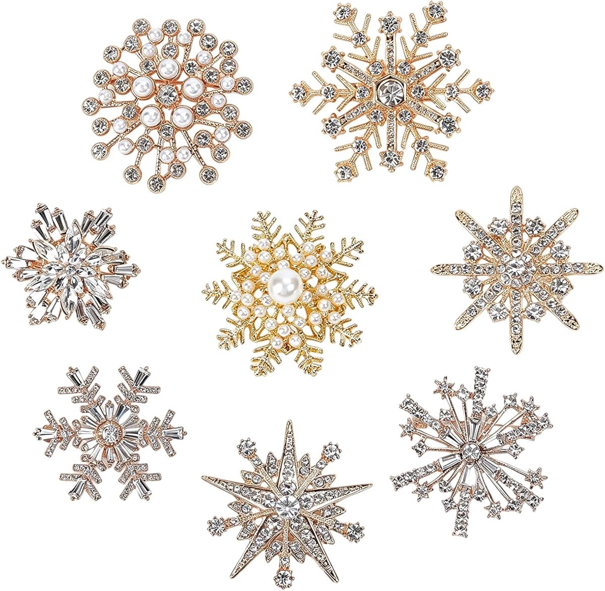 Kerstbroche in de vorm van een sneeuwvlok (8 stuks) gouden kerstbroche