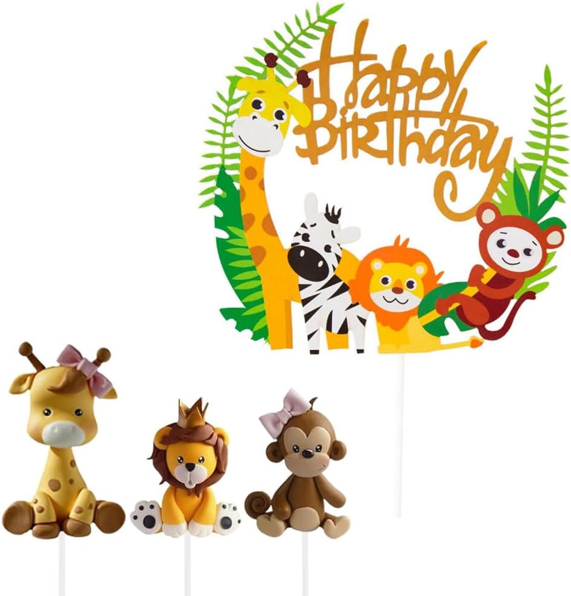 Bosdieren, 4 stuks taartdecoratie verjaardag, jungle, taartdecoratie dieren, Happy Birthday taarttopper dierentuin, safari, taartdecoratie voor jongens en meisjes