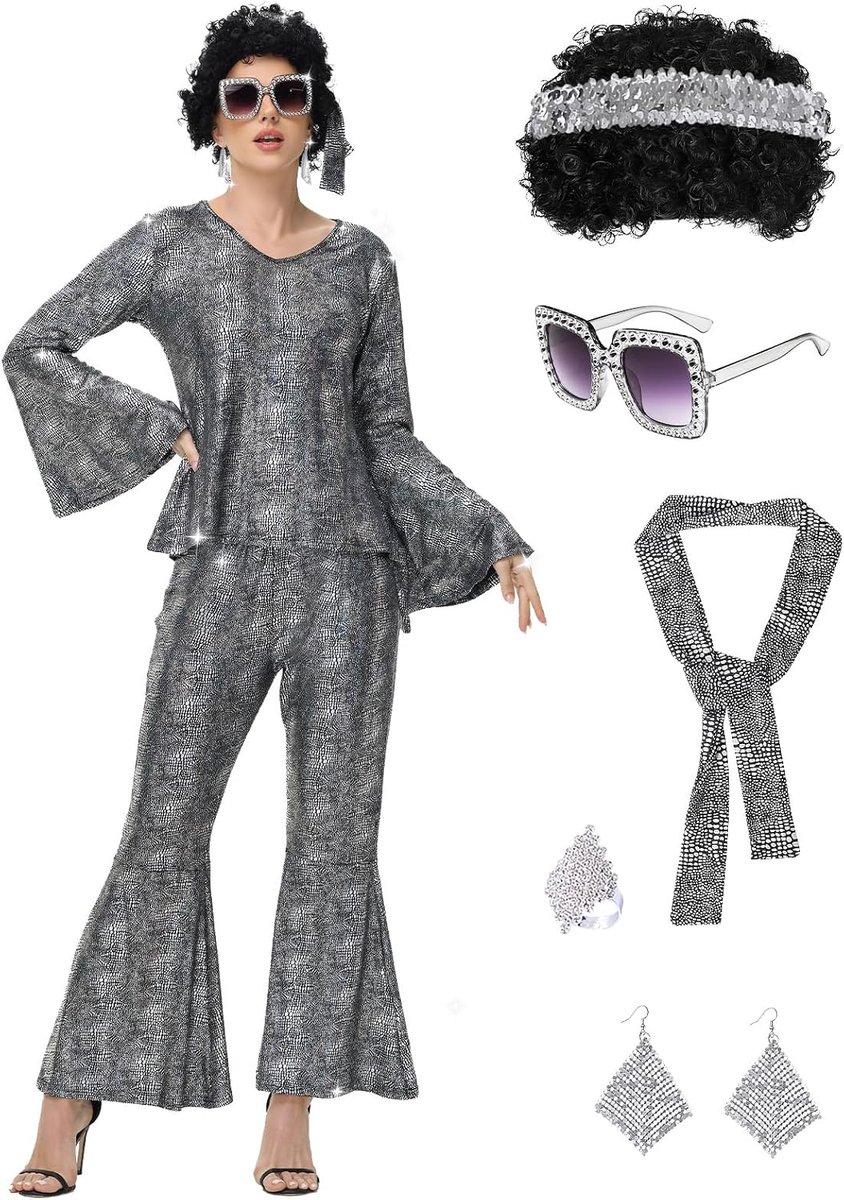 Outfit voor dames, elastische 8-delige retroset met glitter, jaren 70 disco-outfit voor feestjes, carnaval en kostuumfeesten