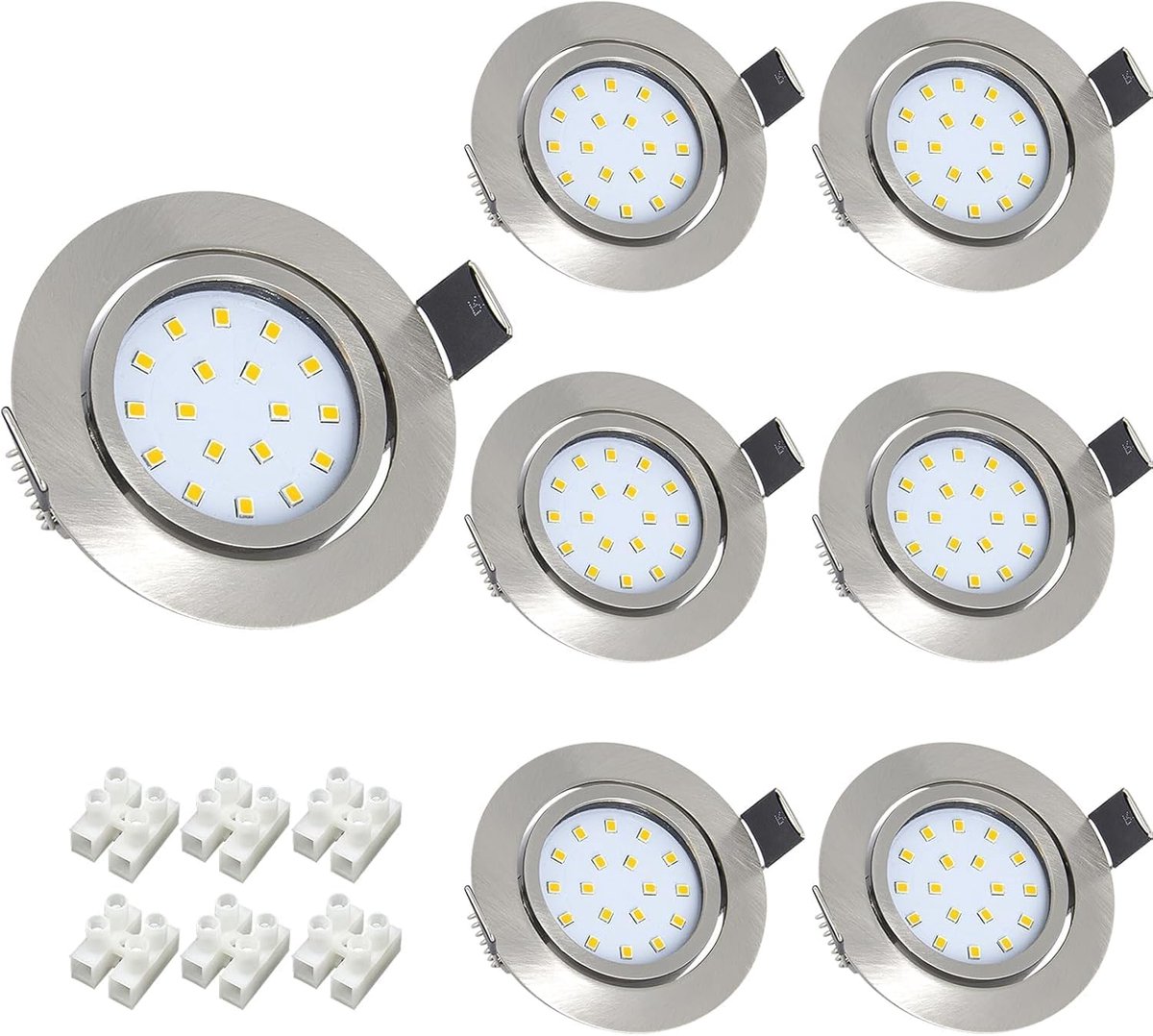 6 stuks, 5 W, plat, 30 mm, 230 V, zwenkbaar, roestvrij staal, ronde plafondspots, warmwit, voor woonkamer, keuken, kantoor