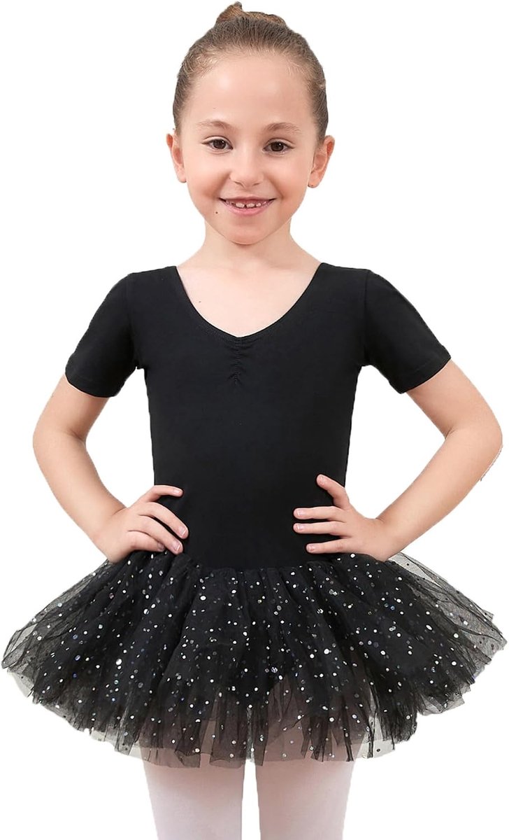 Balletjurk voor meisjes, met glanzende tule, gekruiste rug, korte mouwen, dans turnpakje