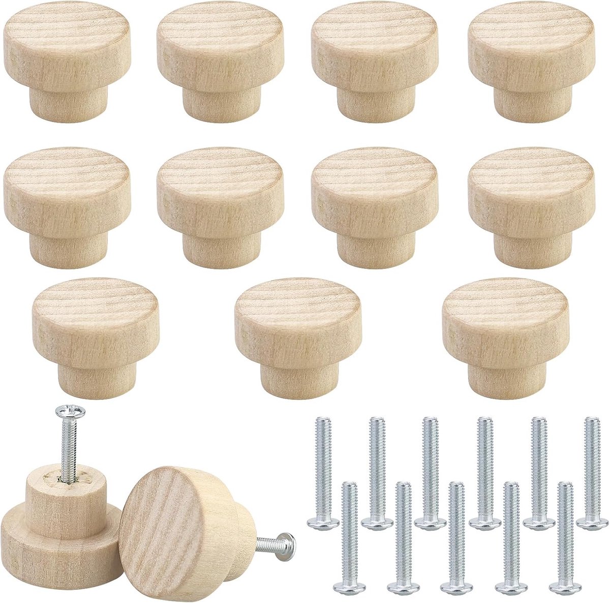 13 stuks houten meubelknoppen, commode, houten kastknoppen voor kast, hout, natuur, ladegrepen voor kasten en laden, ronde houten knoppen, rond, 26 x 35 mm.