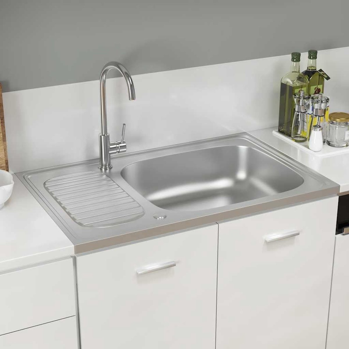 Keukenspoelbak, 800 x 500 mm, inbouwspoelbak met afdruipvlak, omkeerbaar, vaatwasmachinebestendig design