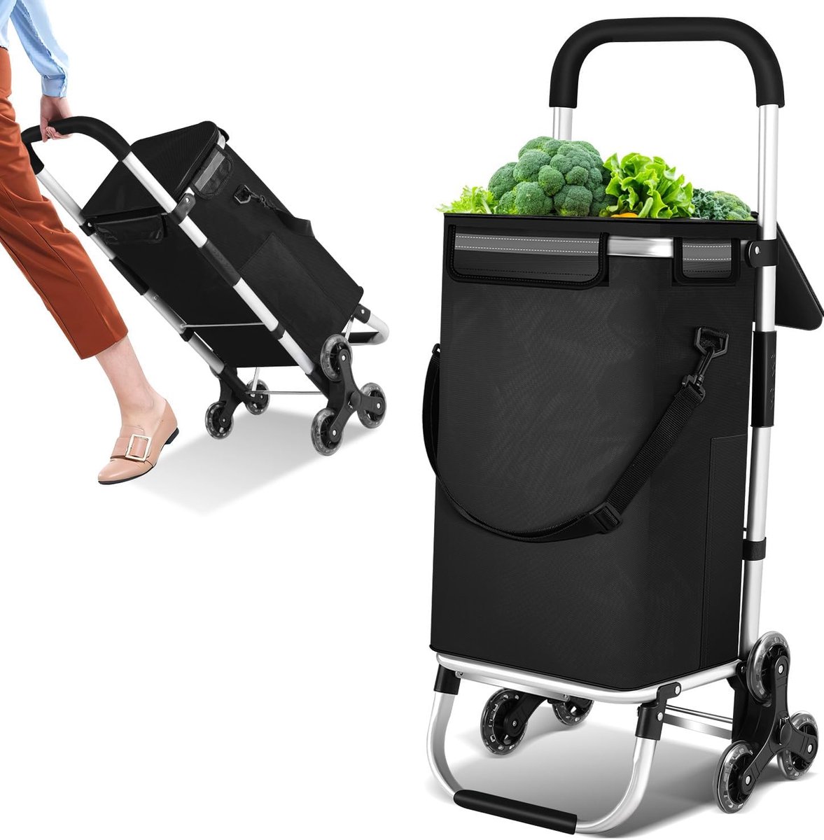 Boodschappenwagen met isotherme compartiment, inhoud van 40 l en belastbaar tot 40 kg | Boodschappenwagen met trapliftsysteem op 3 wielen, opvouwbaar frame en afneembare tas |