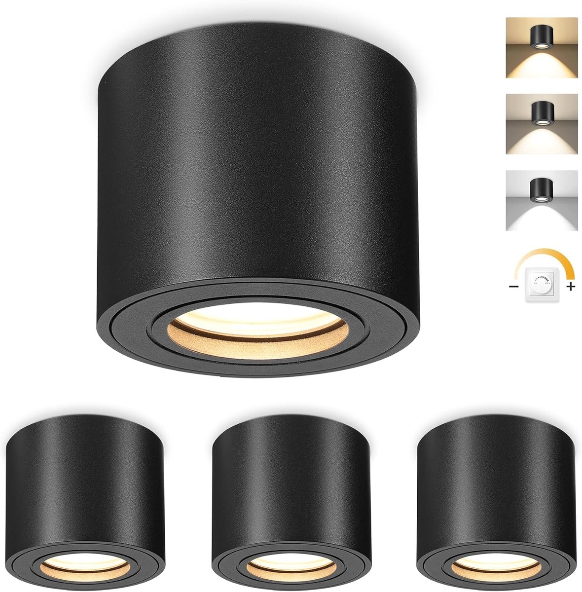 4x LED opbouwspot IP44 dimbaar, Ø80x65mm plafondspots zwart, opbouwspot incl. 5W 550LM LED module 230V, opbouwspots 3000K/4000K/6500K, aluminium opbouwlamp rond