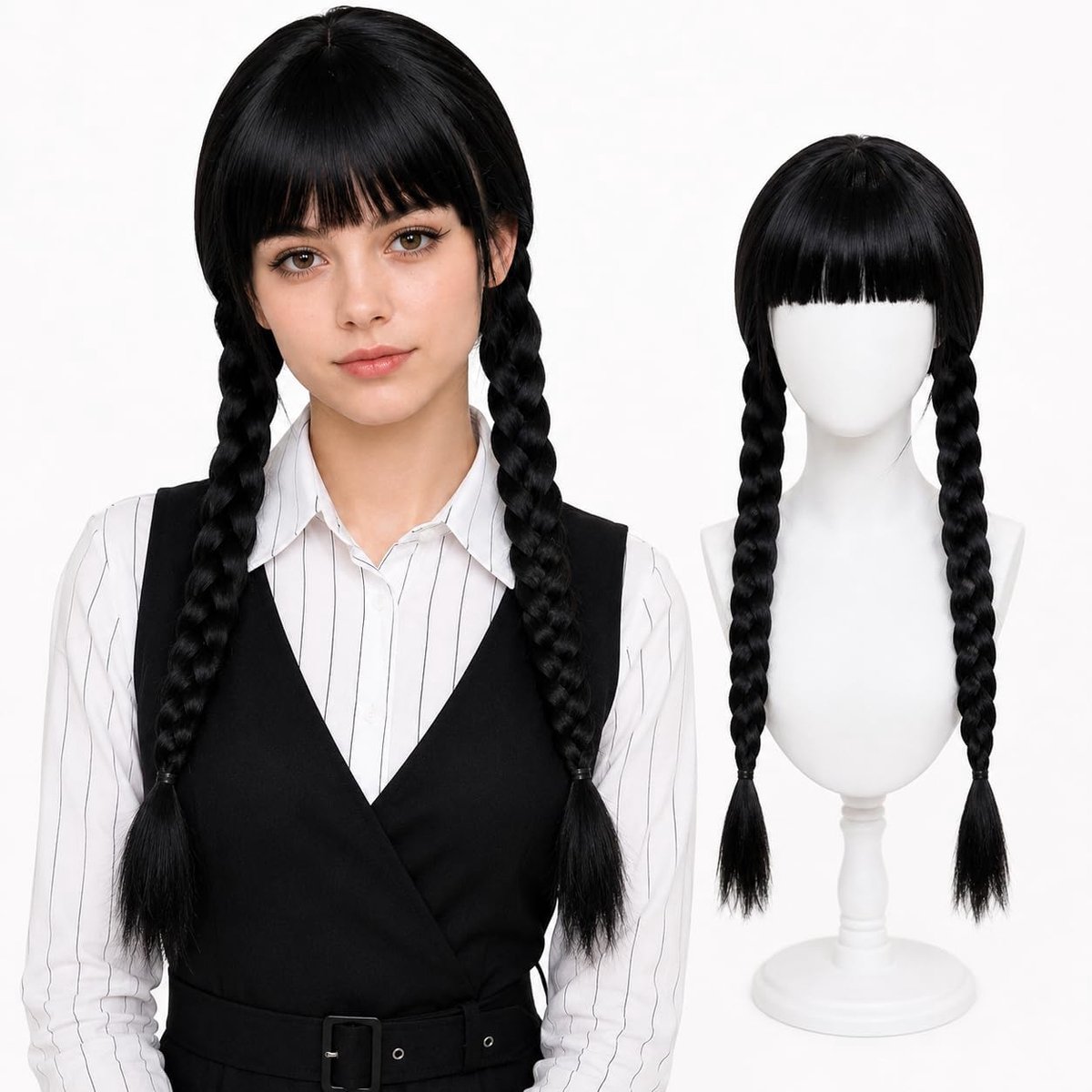 Pruik voor dames en meisjes, vlechtpruik met pony, lang haar
