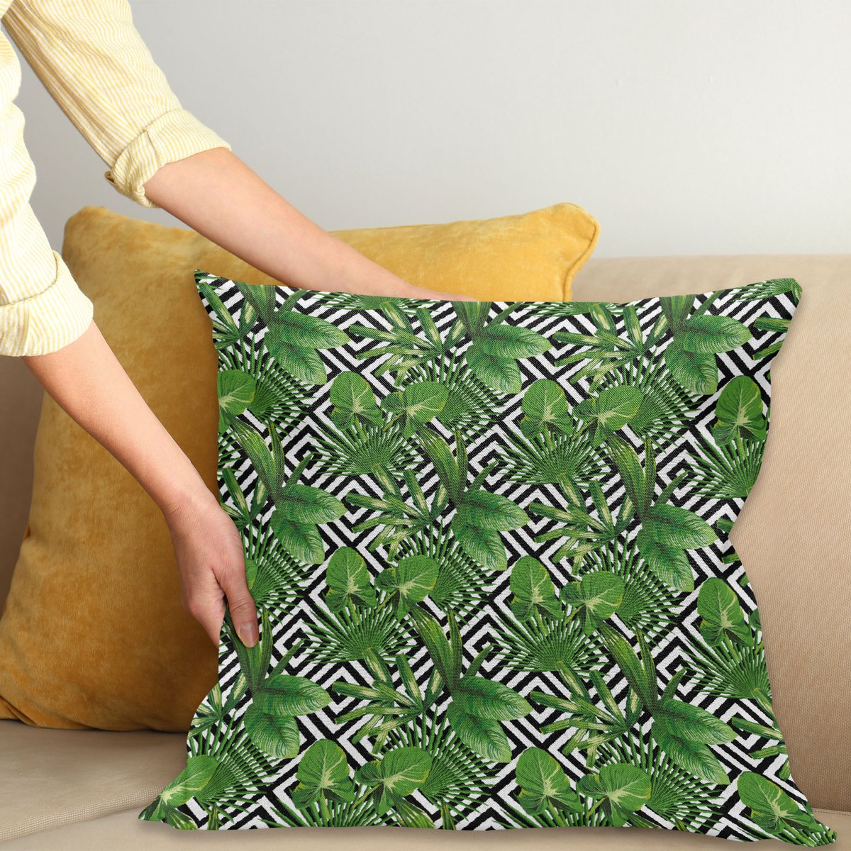 ABAKUHAUS Abstract Kussenhoes, Modern Kokosnuss-Palme, Wasbare Kleurechte Kussenhoes met Digitale Dubbelzijdige Print en Ritssluiting, 50 x 50 cm, Zwart Groen Wit