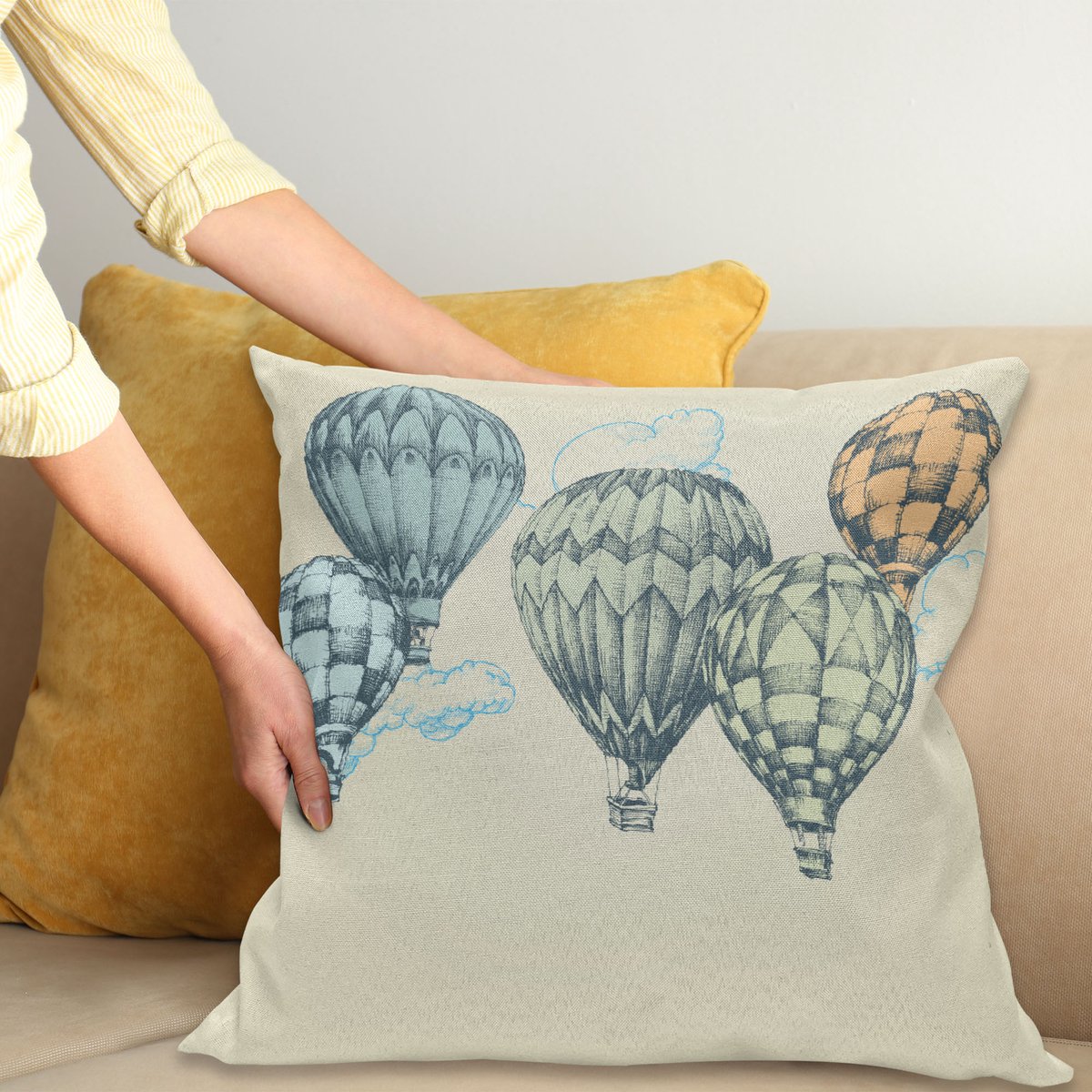 ABAKUHAUS Vintage Kussenhoes, Luft-Ballone in Himmel, Digitale Print, Waterbestendig, Kleurecht, Wasbare Kussenhoes met Ritssluiting, 50 x 50 cm, Groen Blauw