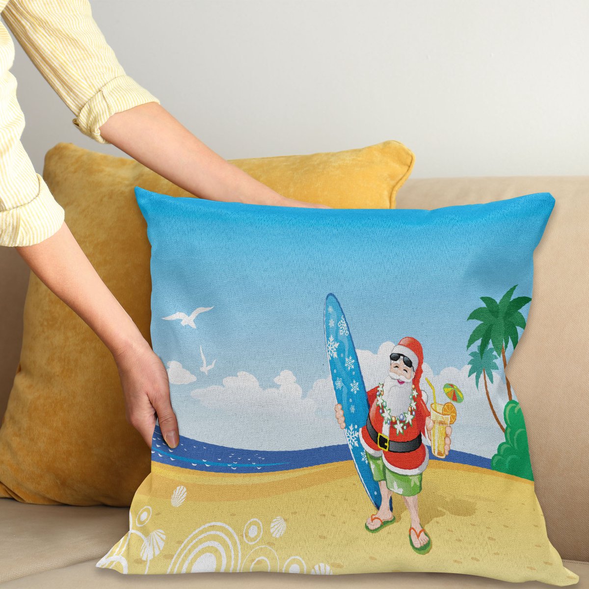 ABAKUHAUS Kerstmis Kussenhoes, Sankt op Strand-Brandung, Kussenhoes zonder Binnenkussen, met Ritssluiting, Dubbelzijdige Print, Wasbaar, 50 x 50 cm, Blauw Geel
