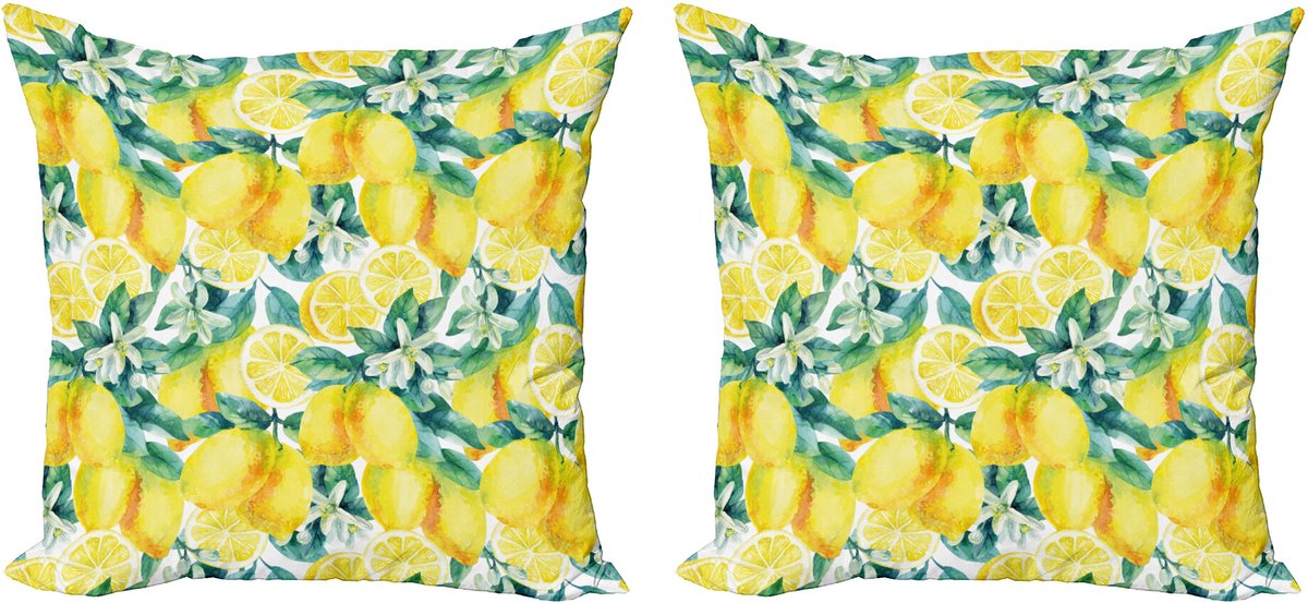ABAKUHAUS Tuin Sierkussenhoes Set van 2, Branchen Zitrone Citrus, Modern Accent Dubbelzijdige Digitale Print, 40x40, Groen Geel
